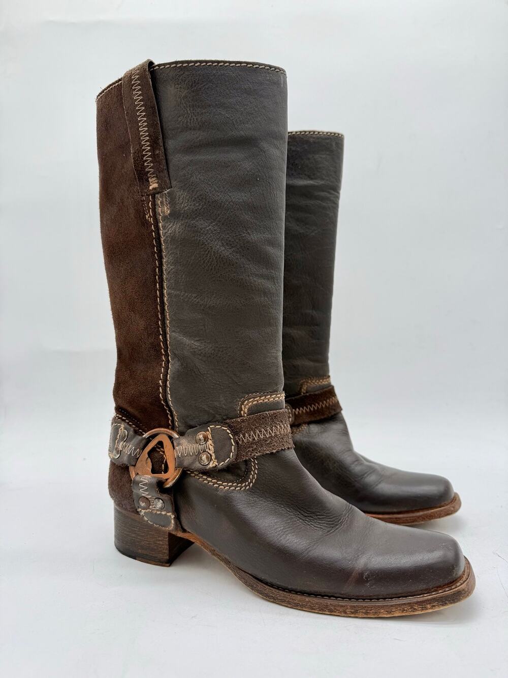 Bed Stu Women’s 7.5 Brown Leather Mid Calf Moto Boots Harness Buckle Zip